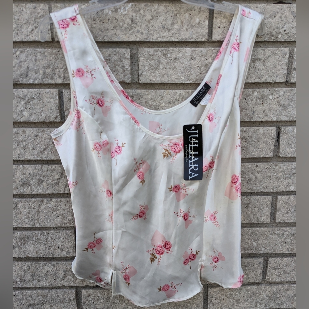 Satin Tank NEW Vintage Juliara White Pink Floral Roses Large Shabby Chic